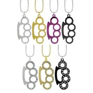 Mini Silver Brass Knuckles Necklace with Clear Crystals and 18 Ball 