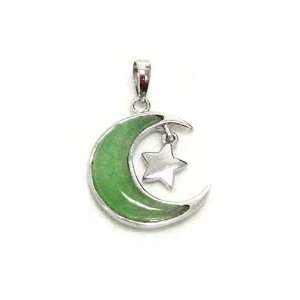 Natural Chinese Green Jade Moon and Star .925 Sterling Silver Pendant 