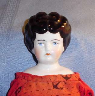 Antique German Hertwig 1880s CHINA DOLL in Antique Red Anchor Print 