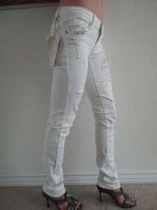 NWT MACHINE DESTROYED RIPPED WOMENS STRETCH SKINNY WHITE SEXY JEANS 