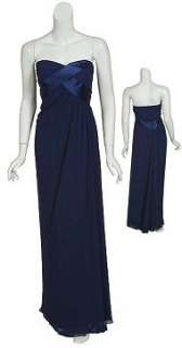  navy blue strapless evening gown with pleated, woven bodice 