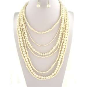  Jewelry ~ Cream Color 7 Strands Faux Pearls Earrings and Necklace 
