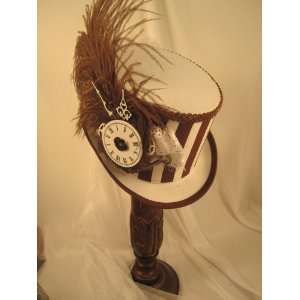 14022NW New Steampunk White Riding Hat w/ Brown & White Stripe, Clock 