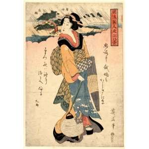 1810 Japanese Print woman standing on a cloud, holding an 