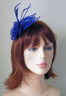   BLUE FLOWER SHAPED SINAMAY AND FEATHER HAIR FASCINATOR ON SPRUNG CLIP