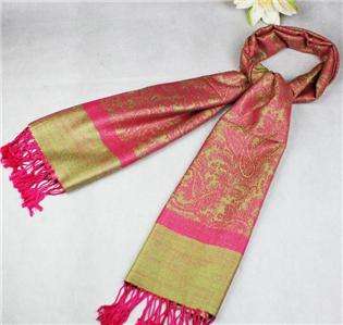 Pink Green Pashmina Scarf Wrap With Cashew Flowers  