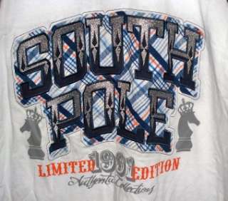 New Mens South Pole T Shirt (White with Navy Blue Sleeves) Size Large 