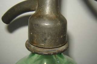 ANTIQUE 1930s GREEN GLASS SODA SIPHON SELTZER BOTTLE MARKED  