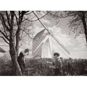  Men Chopping Wood Near a Windmill, 1920s Photographic 