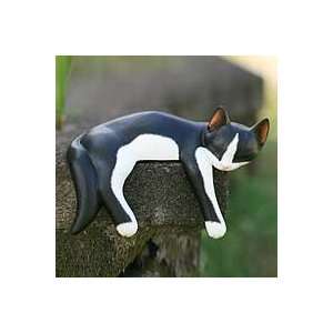    NOVICA Wood statuette, Snoozing Tuxedo Cat