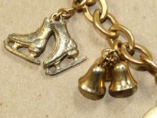 Vintage Brass Charm Bracelet Flower Skate Bells Girl FFA Some Charms 
