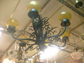 Vintage Antique Wrought Iron Chandelier / Amber Glass Shades pick up 