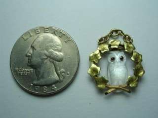 ANTIQUE VICTORIAN CARVED MOONSTONE 14K GOLD OWL NECKLACE PENDANT CHARM 