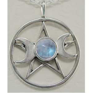   Triple Goddess Pentacle Accented with a Genuine Rainbow Moonstone