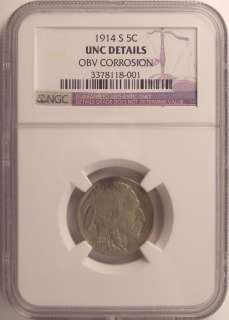 1914 S 5c Buffalo Nickel NGC Unc Details Obv Corrosion  