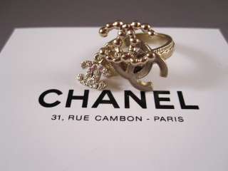 Auth CHANEL 10A Dangle CC Trio Crystal Gold Tone Ring  