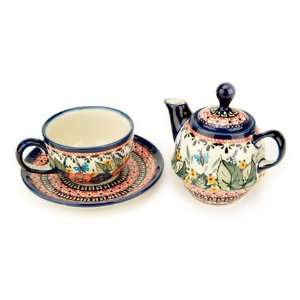   Pottery Floral Butterfly Individual Teapot & Cup