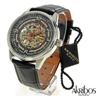 Akribos XXIV Mens Saturnos Automatic Skeleton Dial Leather Watches 4 