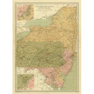 Bartholomew 1873 Antique Map of New York, New Jersey & Pennsylvania 