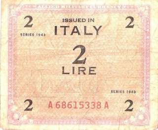Italy 2 Lire WW II ALLIED MILITARY CURRENCY 1943 A68615338A  