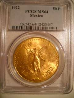 1922 Mexican 50 peso Gold 1.2 oz PCGS MS 64 MS64  