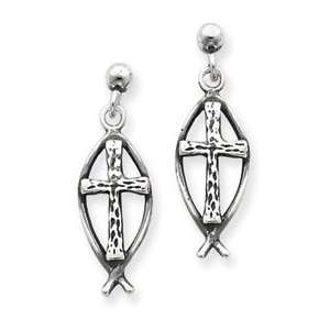  Silver Ichthus (Fish) Inset Cross Earrings: Jewelry