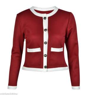 WOMENS CAREER WINE RED WHITE BUTTON CROPPED LONGSLEEVE CARDIGAN BLAZER 