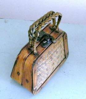 Vintage Small WOOD & WICKER Purse w Brass Closure & Hinges~CHILDS 