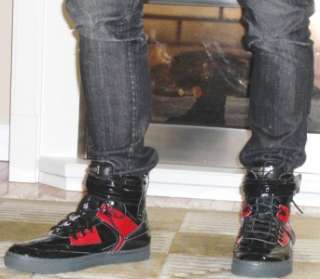 Mens Basket Ball Patent Leather Mid Top Sneaker  Color: Black/Red 