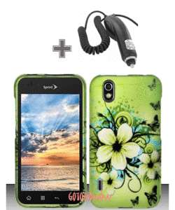 for LG Marquee Ignite Green Flower Cover Hard Shield Phone Case+Car 
