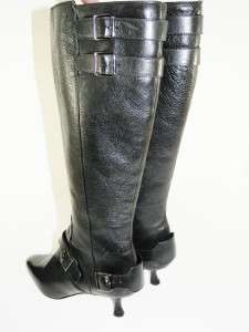 MANOLO BLAHNIK Black Leather Low Heel Knee High Boot Shoe 37 NEW 