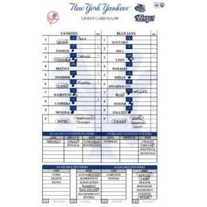 Yankees at Blue Jays 9 06 2009 Game Used Lineup Card (Jeter Hits 2716 