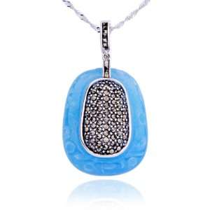    Sterling Silver Marcasite and Blue Jade Pendant, 18 Jewelry