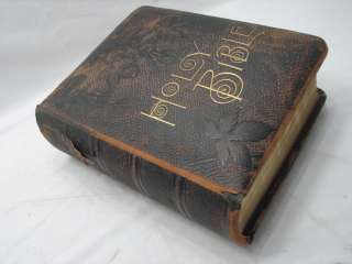   ANTIQUE LG LEATHER COVERED PICTORIAL FAMILY HOLY BIBLE LARGELY UNUSED
