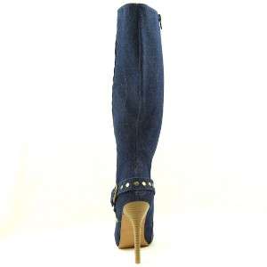 Womens Knee High Studded Denim Boots, High Heel, Dk. Blue size 7US/37 