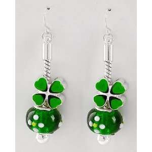 Silver Tone Dangle Earrings w/ Green Pandora Style Beads & Four Leaf 