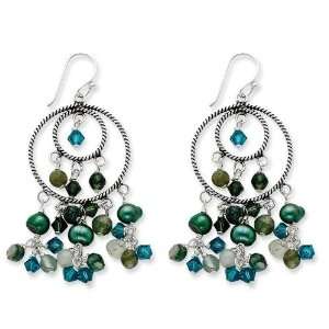 Green Cultured Pearl Crystal Quartz Dangle Earrings in Sterling Silver