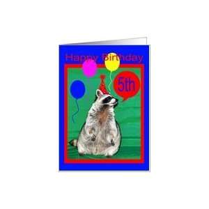  5th Birthday, Raccoon with hat and balloons Card: Toys 