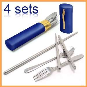   Sets)Blue, Portable Stainless Steel Dishware, Chopsticks Spoon Fork