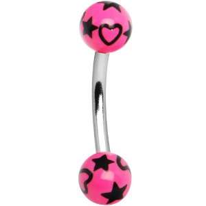  Pink and Black Hearts and Stars Eyebrow Ring: Jewelry
