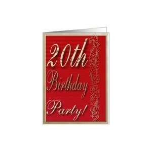  20th Birthday Party Invitation, Gold and Red Design Card 