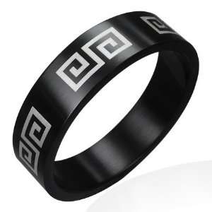   Black Stainless Steel with Contrasting Greek Design Ring 12: Jewelry