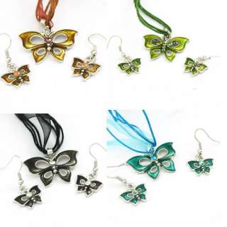 H988 Elegant Butterfly Noble Gemstone Necklace Pendant Earrings Set 