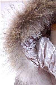 NWT AUTH $1640 Tulleh Fur & Lace Trim Hooded Down Jacket Coat Silver 
