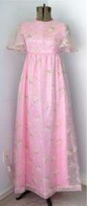 Vtg 70s Pink Princess Maxi Prom Dress Flutter Sleeves  