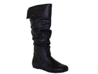 Stylish Cuff Slouchy PU Knee High Flat Boots Black 7.5  