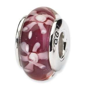    Sterling Silver Purple Floral Hand blown Glass Bead Jewelry