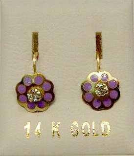 14k Gold Purple Flower Enamel Euro Earrings Free Ship  