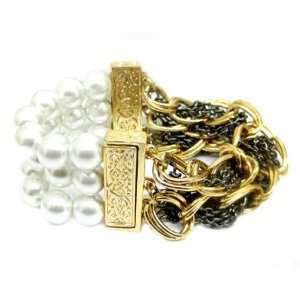  Mixed Metal Faux Pearl Multi Chain Link Bracelet: Jewelry