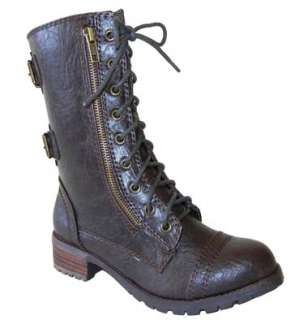 Army Chic Distressed Combat Mid Calf Lace up Boots Brn  